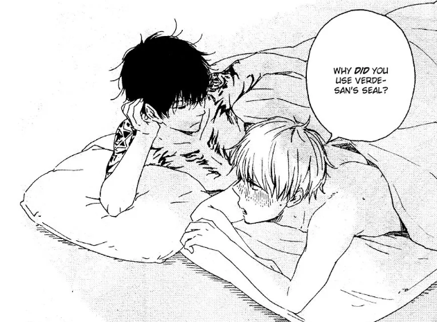 Manga panel showing Endo and Hiriki lying down together in their futon. Hiriki asks 'Why did you use Verde-san's seal?'